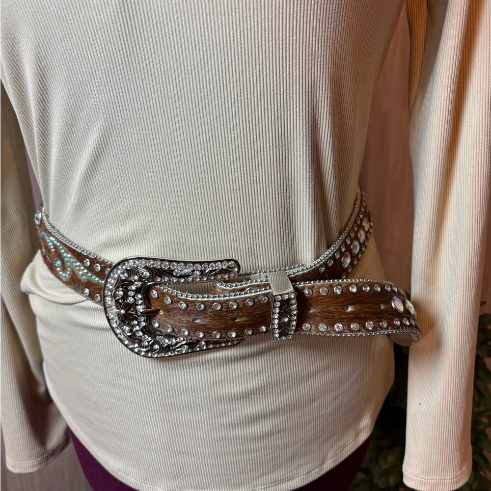 Nocona Genuine Leather Calf Hair on Hide Rhinestone Belt Rodeo Western Bling - Picture 6 of 16